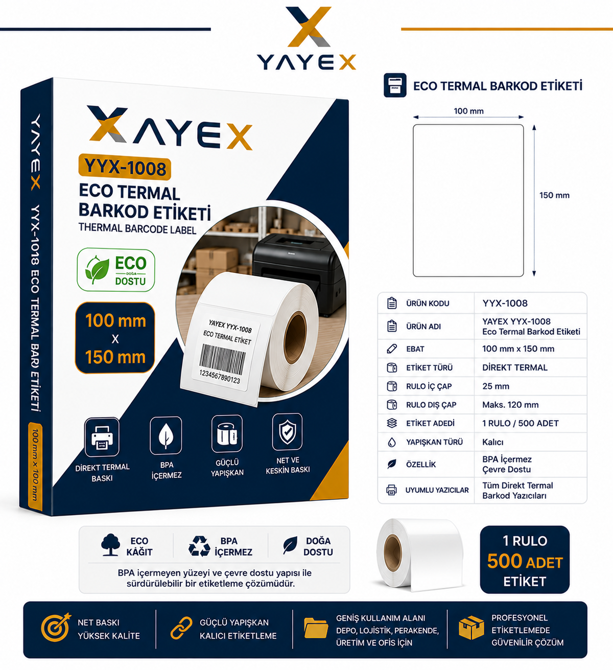YAYEX YYX-1008 Eco Termal Barkod Etiketi 100 mm x 150 mm