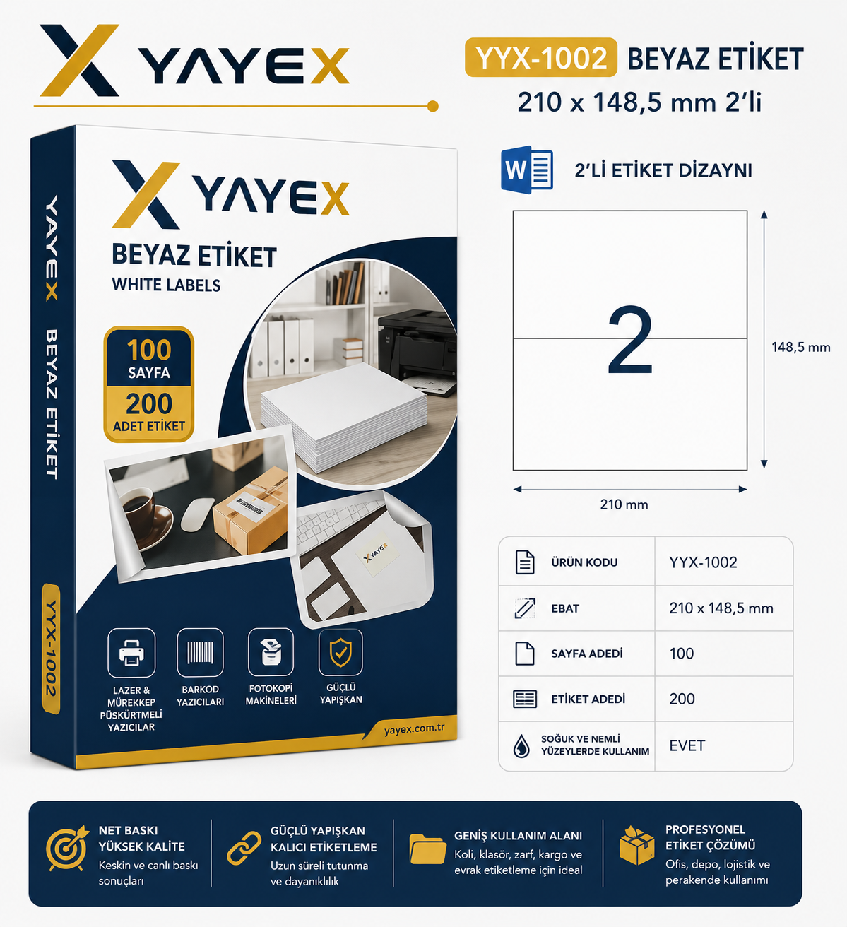 YAYEX YYX-1002 Beyaz Etiket 210x148,5 mm 2'li
