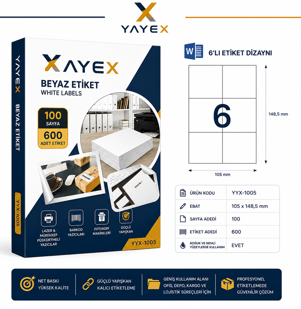 YAYEX YYX-1005 Beyaz Etiket 105 × 99 mm 6'lı