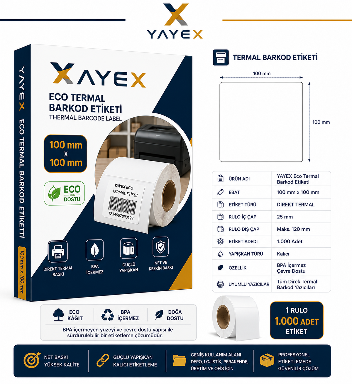 YAYEX YYX-1011 Eco Termal Baskısız Eczane Etiketi 40 mm × 60 mm