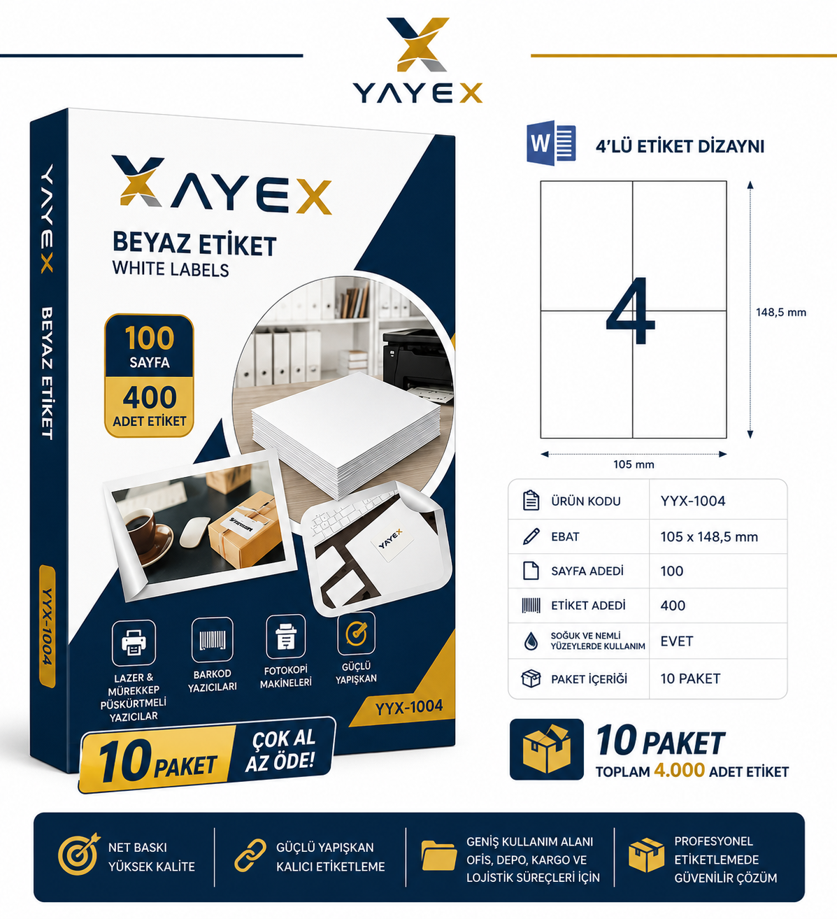 YAYEX YYX-1004 Beyaz Etiket 105x148,5 mm 4'lü x 10 Paket Çok Al Az Öde
