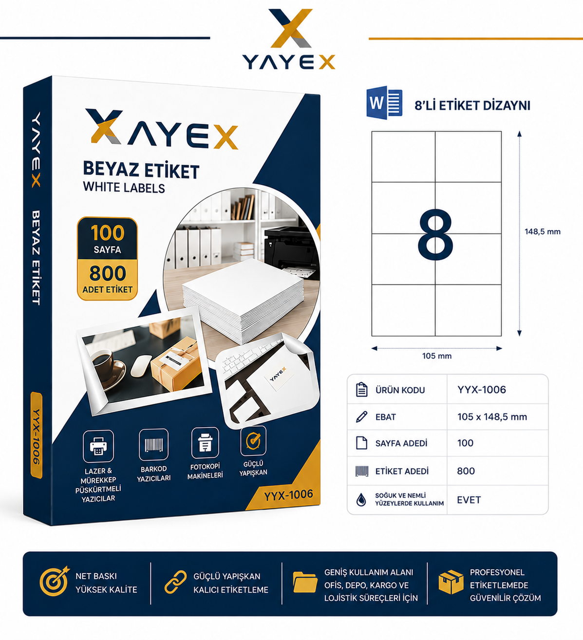 YAYEX YYX-1006 Beyaz Etiket 105 mm x 74.25 mm 8'li