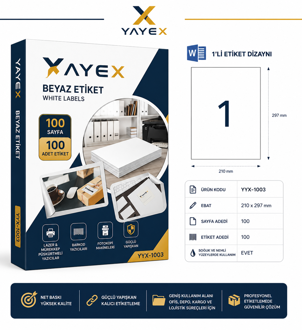 YAYEX YYX-1003 Beyaz Etiket 210x297 mm Tekli