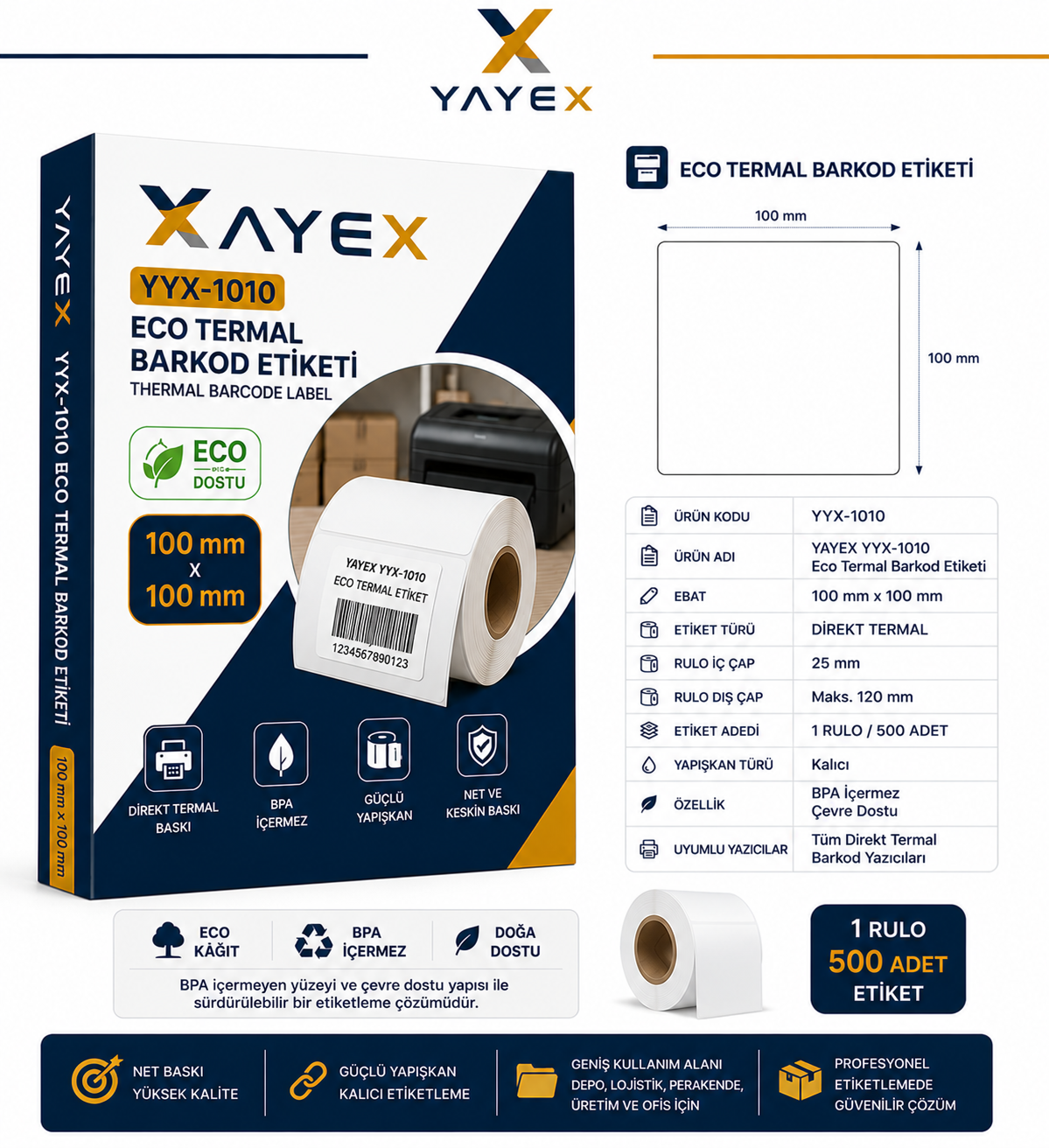 YAYEX YYX-1010 Eco Termal Barkod Etiketi 100 mm x 100 mm